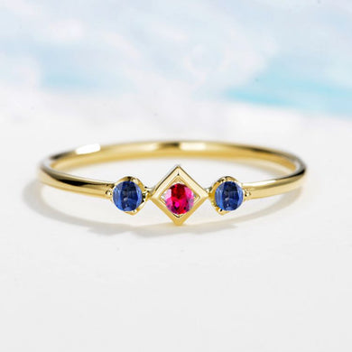 Solid 14k Yellow Gold Natural Ruby Sapphires 3-Stones Engagement Wedding Ring Fine Jewelry Trendy
