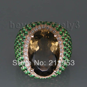 Solid 14kt Rose Gold Natural Smoke Topaz Ring With Emerald and Dia Oval 10x15mm WU032