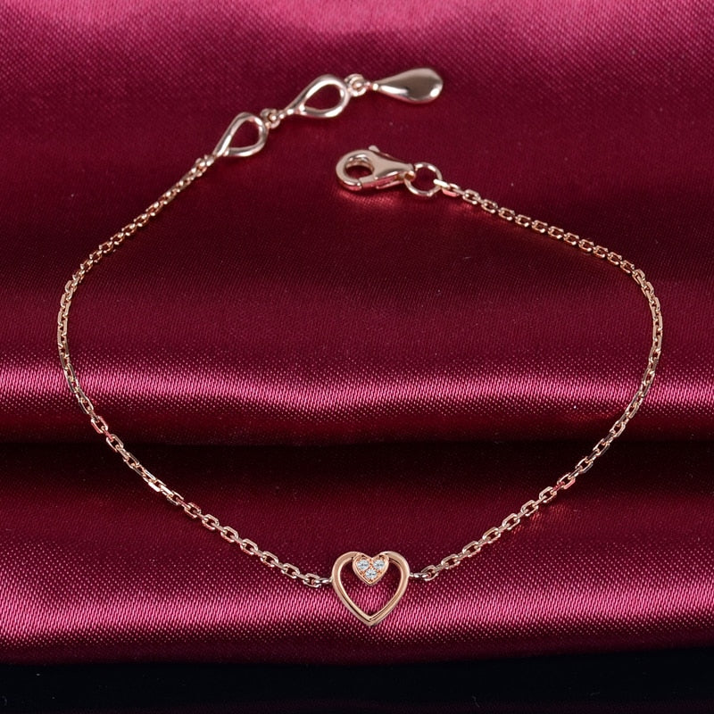 Solid 18K Rose Gold Diamond Bracelet 0.03ct Natural Diamond Heart Charm 18cm Wedding Engagement Party Jewelry