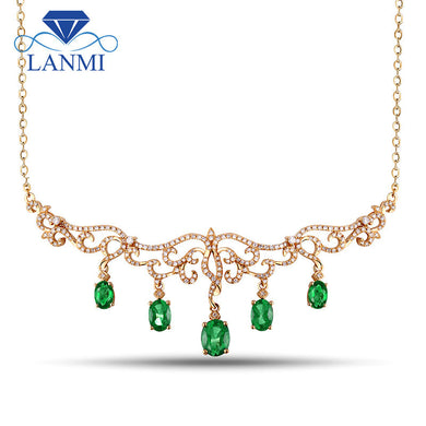 Solid 18K Yellow Gold Natural Emerald Diamond Pendant Necklace For Women Wedding Party Gemstone Jewelry