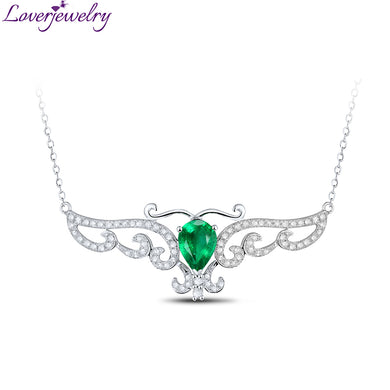 Solid 18kt White Gold Diamond Natural Green Emerald Pendant Necklace with Diamond Jewelry for Mother Loving Gift