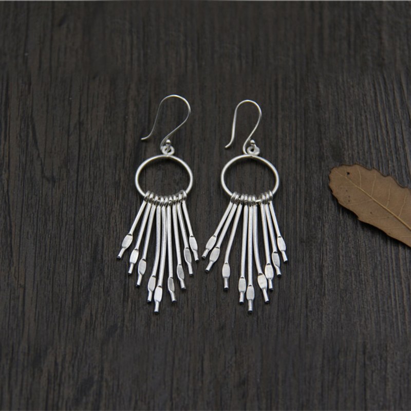 Solid 925 Sterling Silver Bohemia Big Tassel Fashion Earrings For Women Thai Silver hand made Ethnic Jewelry Brinco de prata
