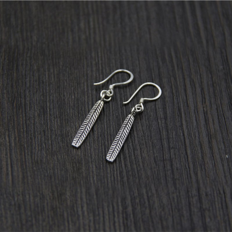 Solid 925 Sterling Silver Long Leaf Carved Vintage Drop Earrings For Women Thai Silver hand made Ethnic Jewelry Brinco de prata