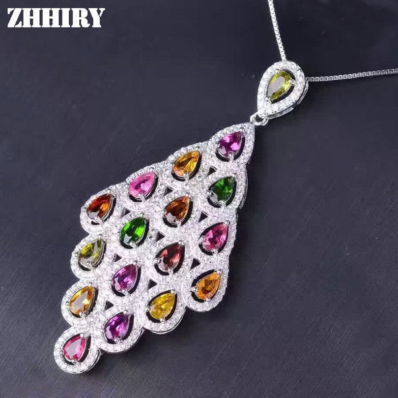 Solid 925 sterling silver Natural Tourmaline Necklace Pendant Genuine Women Jewelry With Chain ZHHIRY