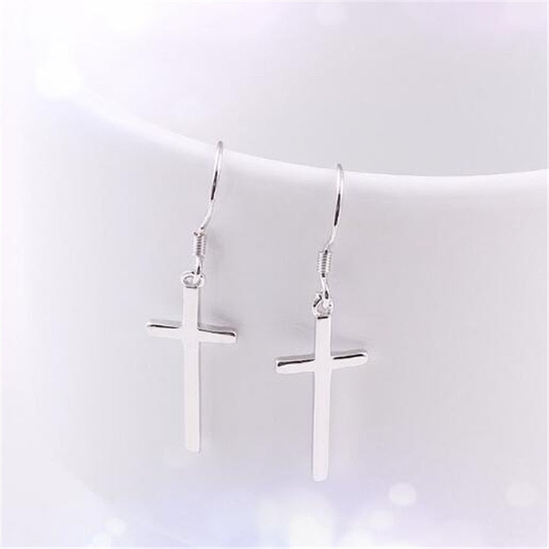 Solid Pure 925 Sterling Silver Cross Drop Dangle Hook Earrings For Women Girls Jewelry Gift Pendientes Aros Oorbellen Orecchini