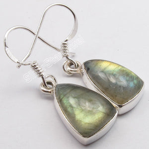 Solid Silver Sparkling LABRADORITE Fancy Triangle Collectible Earrings 3.3CM