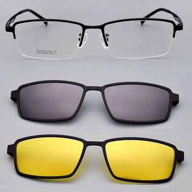 Spectacle Frame Pure Titanium Matte Black Glasses Frame Large For Men with Magnet Clips Mirror Sunglasses Night-Vision Mirror