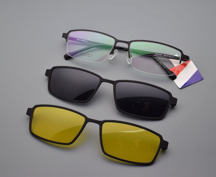 Spectacle Frame Pure Titanium Matte Black Glasses Frame Large For Men with Magnet Clips Mirror Sunglasses Night-Vision Mirror