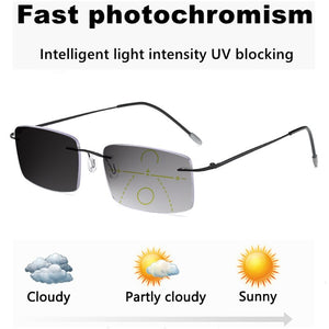Sports Photochromic Multifocal Rimless Reading Glasses Men Women Progressive Anti-Blue Light Ultralight Presbyopic Eyeglasses