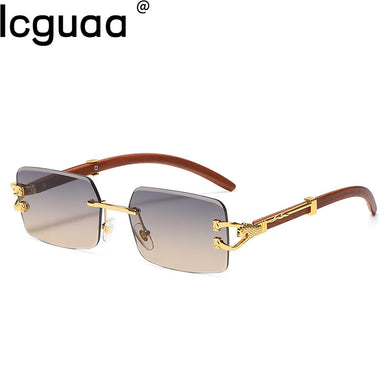 Square Diamond Leopard Decro Sun Glasses 2023 Brand Design Rectangle Rimless Gradient Pink Blue Color Wood Printting Sunglasses
