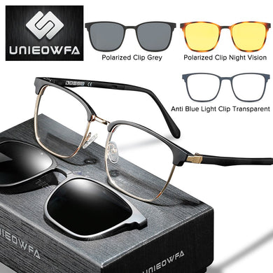 Square Polarized Magnet Clip on Glasses Frame Men Prescription Optical Eyeglasses Frame Myopia 3 in 1 Night Vision Sunglasses