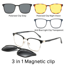 Load image into Gallery viewer, Square Polarized Magnet Clip on Glasses Frame Men Prescription Optical Eyeglasses Frame Myopia 3 in 1 Night Vision Sunglasses