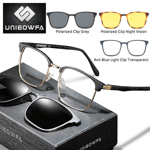 Square Polarized Magnet Clip on Glasses Frame Men Prescription Optical Eyeglasses Frame Myopia 3 in 1 Night Vision Sunglasses