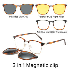 Load image into Gallery viewer, Square Polarized Magnet Clip on Glasses Frame Men Prescription Optical Eyeglasses Frame Myopia 3 in 1 Night Vision Sunglasses