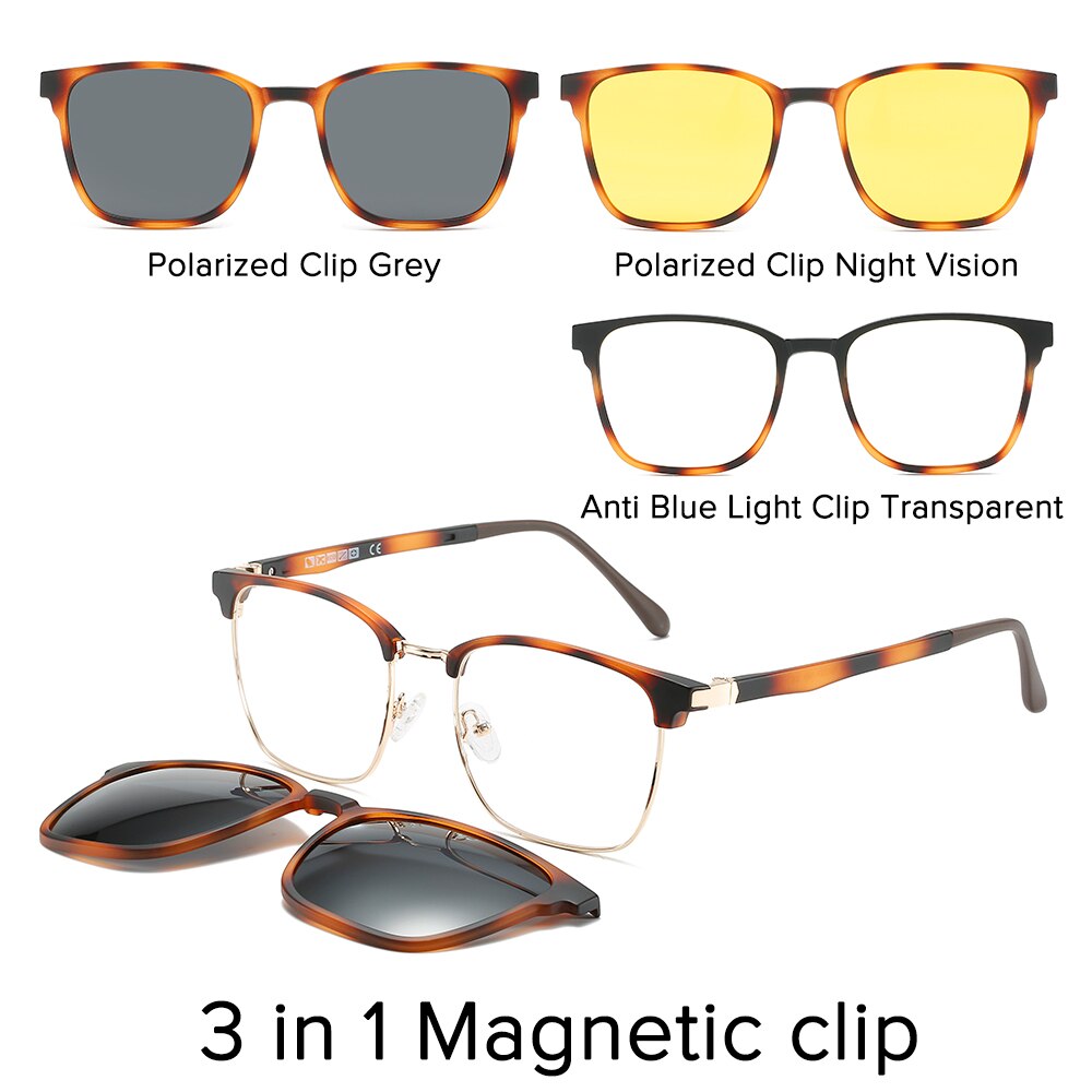 Square Polarized Magnet Clip on Glasses Frame Men Prescription Optical Eyeglasses Frame Myopia 3 in 1 Night Vision Sunglasses