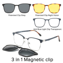Load image into Gallery viewer, Square Polarized Magnet Clip on Glasses Frame Men Prescription Optical Eyeglasses Frame Myopia 3 in 1 Night Vision Sunglasses