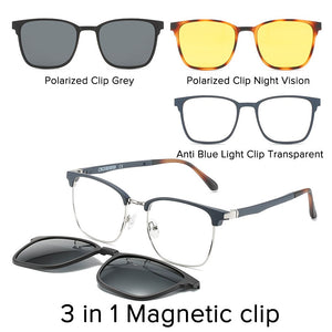 Square Polarized Magnet Clip on Glasses Frame Men Prescription Optical Eyeglasses Frame Myopia 3 in 1 Night Vision Sunglasses