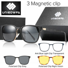 Load image into Gallery viewer, Square Polarized Magnet Clip on Glasses Frame Men Prescription Optical Eyeglasses Frame Myopia 3 in 1 Night Vision Sunglasses