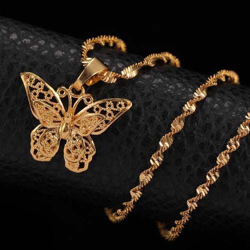 Butterfly Statement Necklaces Pendants Woman Chokers Collar Water Wave Chain Bib 24K Yellow Gold Filled Chunky Jewelry