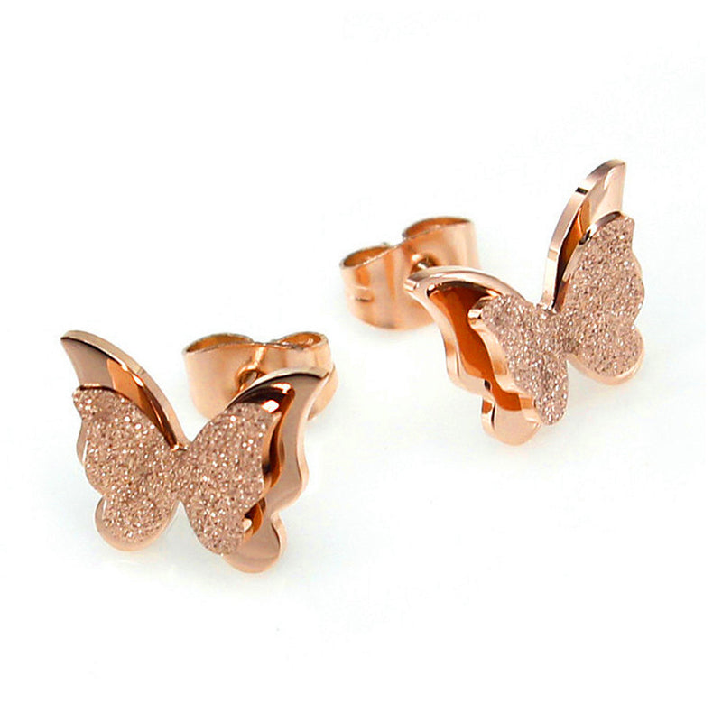 Stainless Steel Earrings For Women Rose Frosted Double Butterfly Earrings Studs