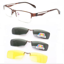 Load image into Gallery viewer, Stainless Steel Glasses Frame For Men Brown 2PCS Magnetic Sunglasses Clip UV400 Yellow Polarized Night Vision Eyeglasses