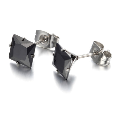 Stainless Steel Mens Ladies Earrings ,Studs, Black, Square, Crystal KE750