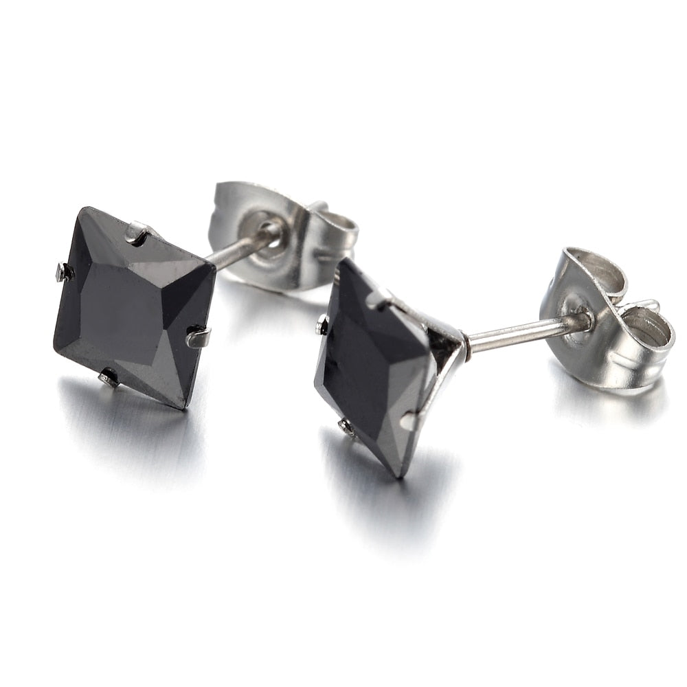 Stainless Steel Mens Ladies Earrings ,Studs, Black, Square, Crystal KE750