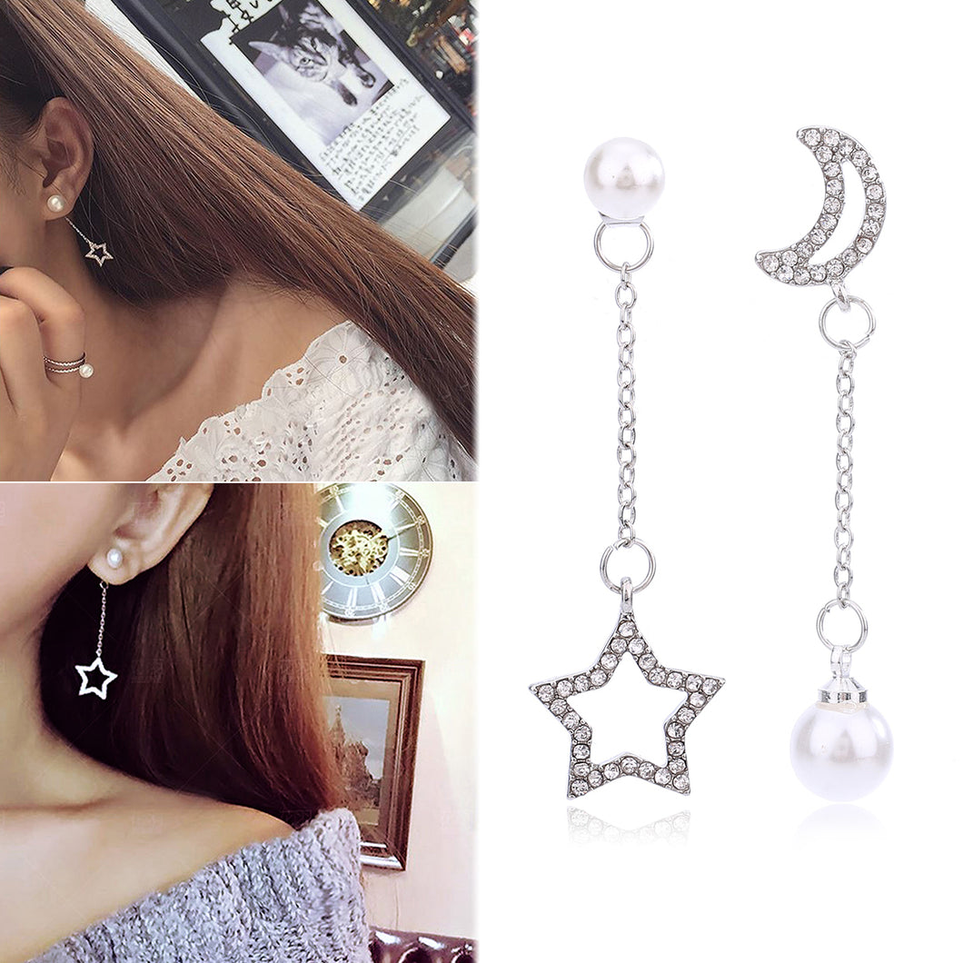 Star Moon Pearl Rhinestone Long Earring Asymmetrical Dangle Earrings For Elegant Women Charming Pearl Dangle Ear Party Jewelry