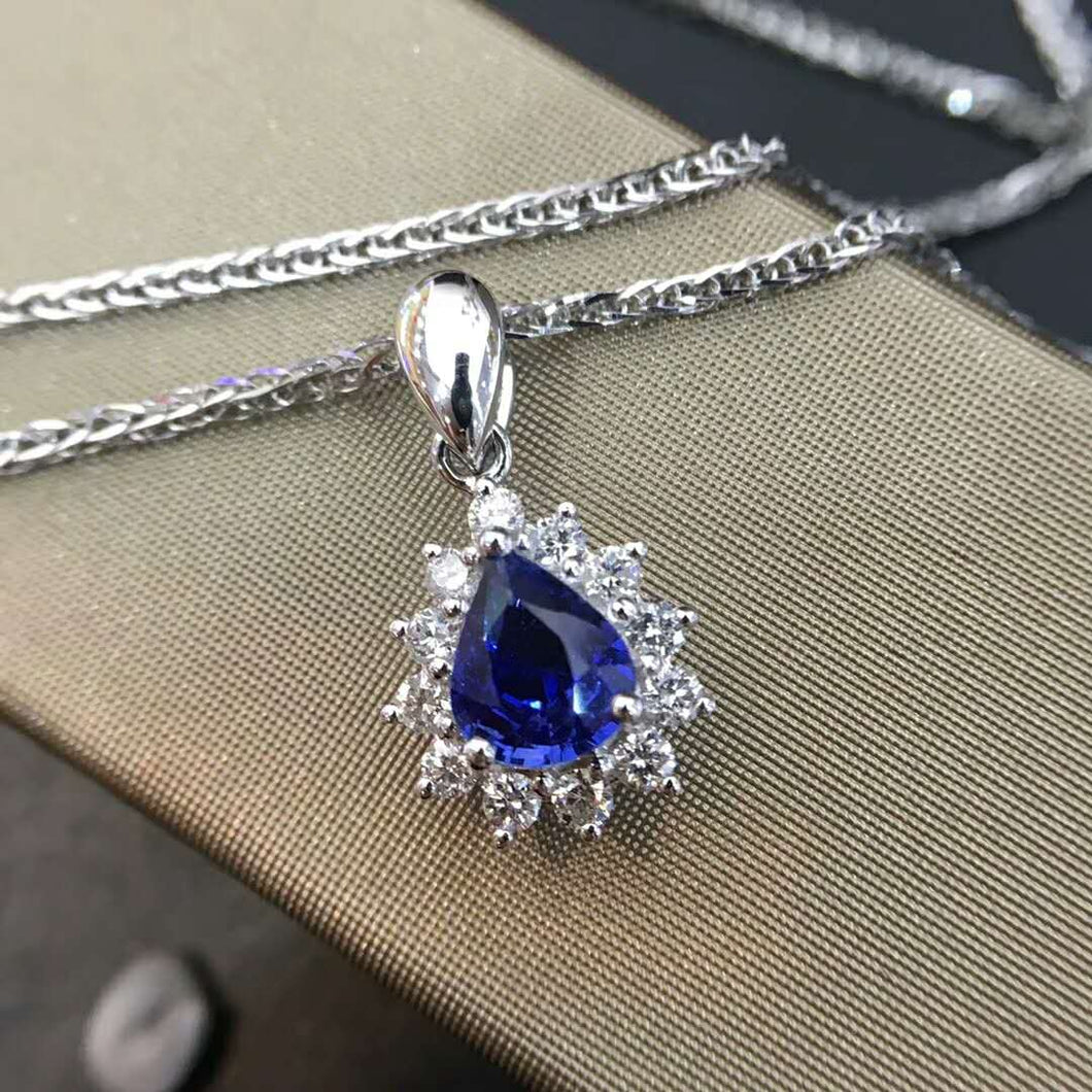 18K White Gold 0.21carat Diamond Encrusted Sri L 0.14g Sapphire Pendant Necklace with Chain for Women