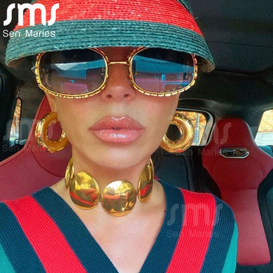 Steampunk Oval Sunglasses Men  Crystal Hollow Engrave Metal Frame Sun Glasses Women UV400 Rhinestone Punk Eyeglasses