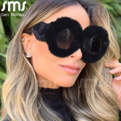 Steampunk Oversized Sunglasses Women Soft Fur Sun Glasses Men UV400 Gradient Goggle Shades Handmade Eyewear Gafas De Sol