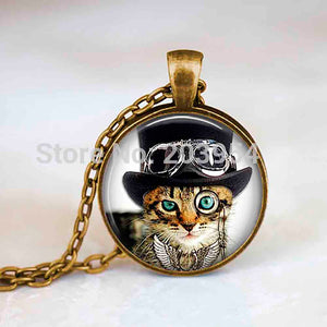 Steampunk mens cat hat monocle and goggles Necklace Cabochon 1pcs/lot alice in wonderland charms Pendant vintage silver jewelry