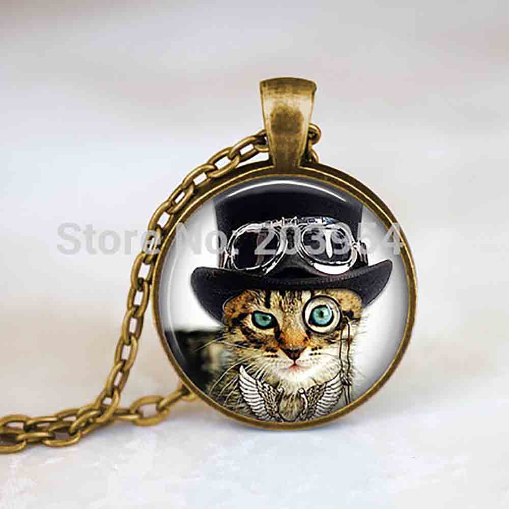 Steampunk mens cat hat monocle and goggles Necklace Cabochon 1pcs/lot alice in wonderland charms Pendant vintage silver jewelry