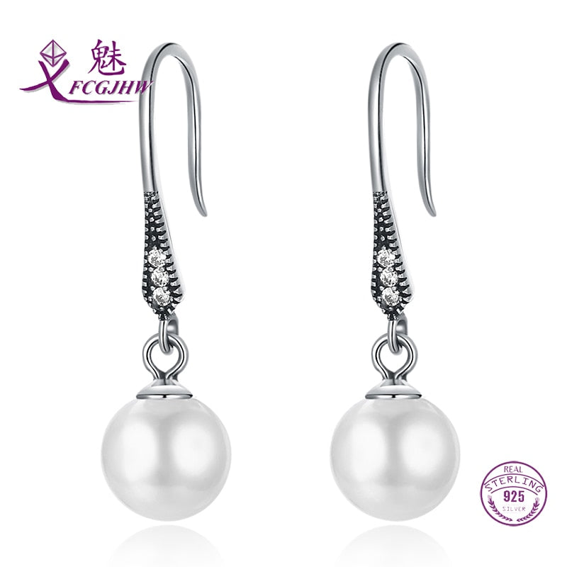 Sterling Silver 925 Drop Earrings For Women Fine Jewelry Fresh Water Pearl Cute Korean Style Simple For Female Girls Round