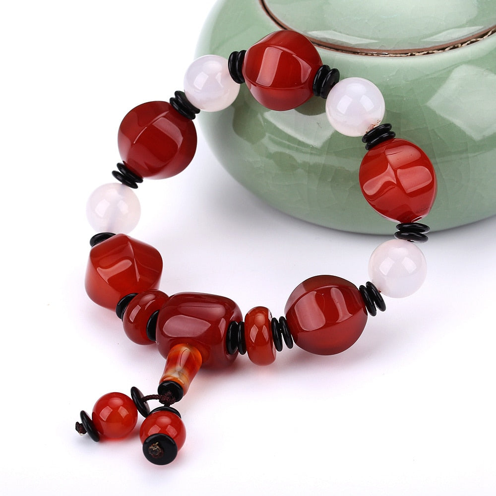 Stone Bracelet Crystal Red Agate White Jade Stretch Bracelet Elastic Cord Gemstone Natural Stone Jewelry Pulseras Reiki Male Men