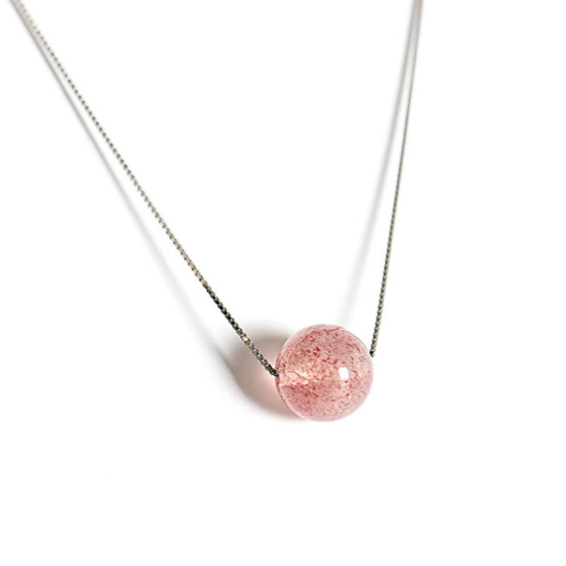 Strawberry Quartz Pendant Necklace Tiny Pink Round Ball Charm Pendant Chokers Necklace in 925 Sterling Silver Holid Gift