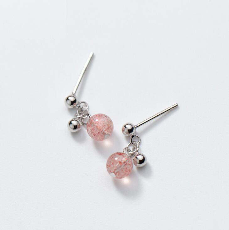 Stud Earrings 100% Real 925 Sterling Silver Earrings Silver Jewelry with Strawberry quartz