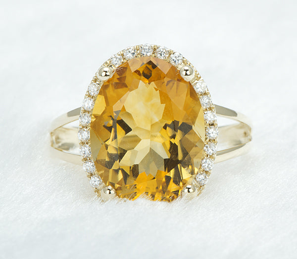 Splendido anello di fidanzamento con citrino naturale autentico e diamante in oro giallo 14k da 5,08 ct 