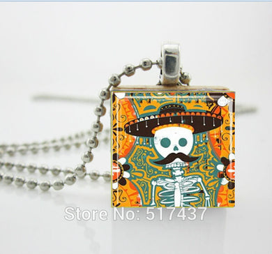 Sugar Skull Necklace Sugar Skull with Mustache Mexican D of the Dead Jewelry Scrabble Tile Pendant ,Scrabble Jewery