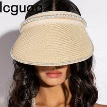 Load image into Gallery viewer, Summer Woman Straw Pearl Decor Sun Hats Anti-UV Female Outdoor Hand Made Cap Casual Shade Hat Empty Top Hat Beach Vacation Visor