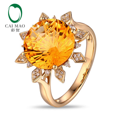 Sun Shape Citrine Ring 12mm Round 6.98ct Citrine 14K Yellow Gold Engagement Ring