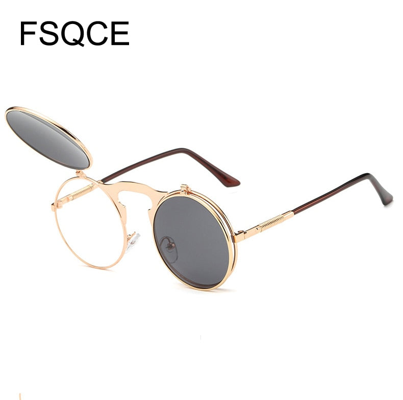 Sunglasses Men VINTAGE Round STEAMPUNK Flip Up Sunglass Steam Punk Clamshell Design Retro Sun Glasses Oculos