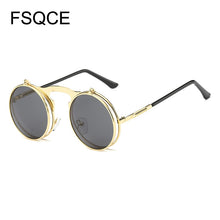 Load image into Gallery viewer, Sunglasses Men VINTAGE Round STEAMPUNK Flip Up Sunglass Steam Punk Clamshell Design Retro Sun Glasses Oculos