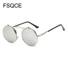 Load image into Gallery viewer, Sunglasses Men VINTAGE Round STEAMPUNK Flip Up Sunglass Steam Punk Clamshell Design Retro Sun Glasses Oculos