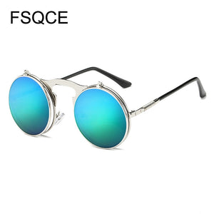 Sunglasses Men VINTAGE Round STEAMPUNK Flip Up Sunglass Steam Punk Clamshell Design Retro Sun Glasses Oculos