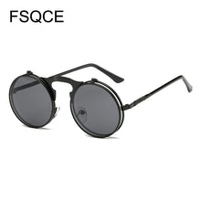 Load image into Gallery viewer, Sunglasses Men VINTAGE Round STEAMPUNK Flip Up Sunglass Steam Punk Clamshell Design Retro Sun Glasses Oculos