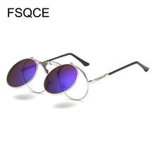 Load image into Gallery viewer, Sunglasses Men VINTAGE Round STEAMPUNK Flip Up Sunglass Steam Punk Clamshell Design Retro Sun Glasses Oculos