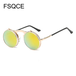 Sunglasses Men VINTAGE Round STEAMPUNK Flip Up Sunglass Steam Punk Clamshell Design Retro Sun Glasses Oculos