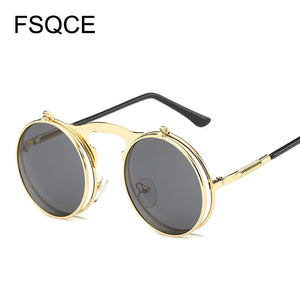 Sunglasses Men VINTAGE Round STEAMPUNK Flip Up Sunglass Steam Punk Clamshell Design Retro Sun Glasses Oculos