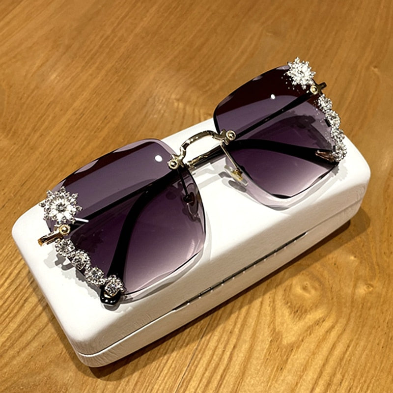 Sunglasses Women 2023 Fashon Vinage Square  Glasses Rimless Rhinesotne Sunglasses Shades Women Summer Oculos UV400